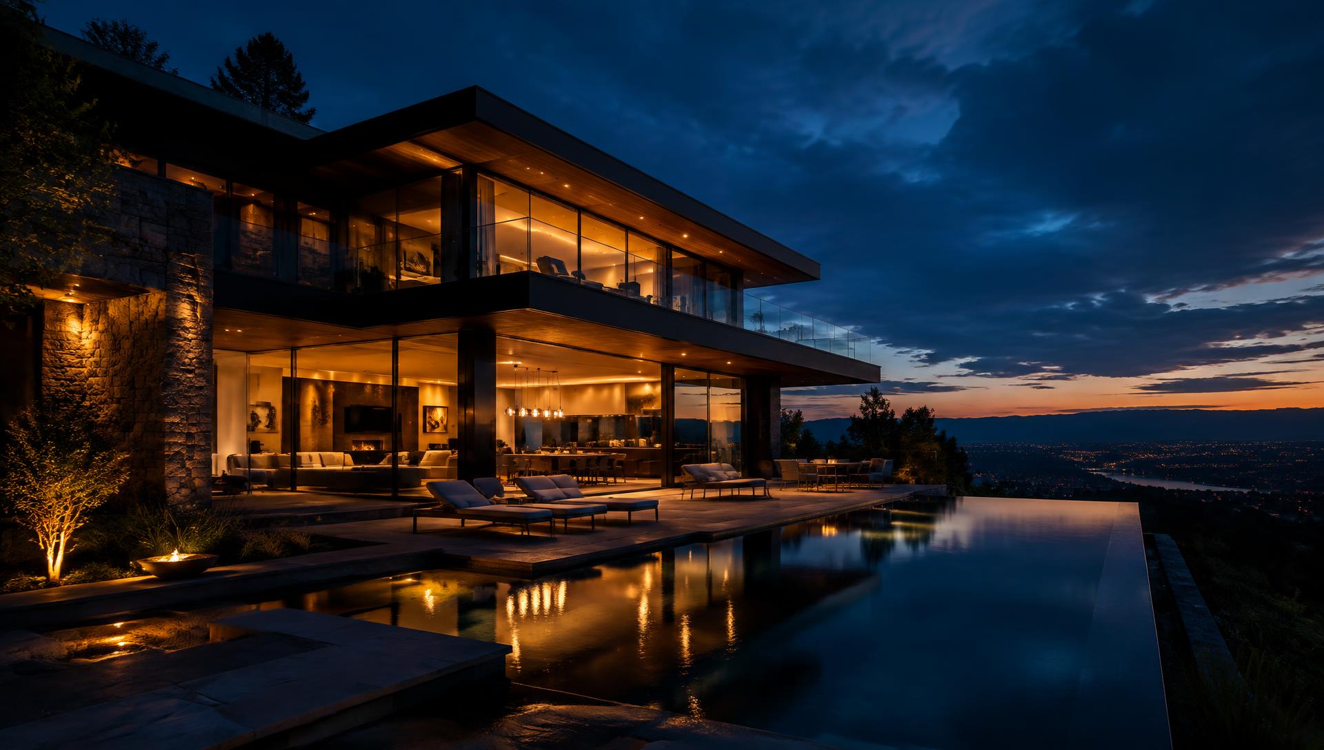Cinematic twilight shot of a modern luxury home
